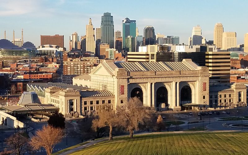 Union Station with the downtown Kansas City skyline in evening light
