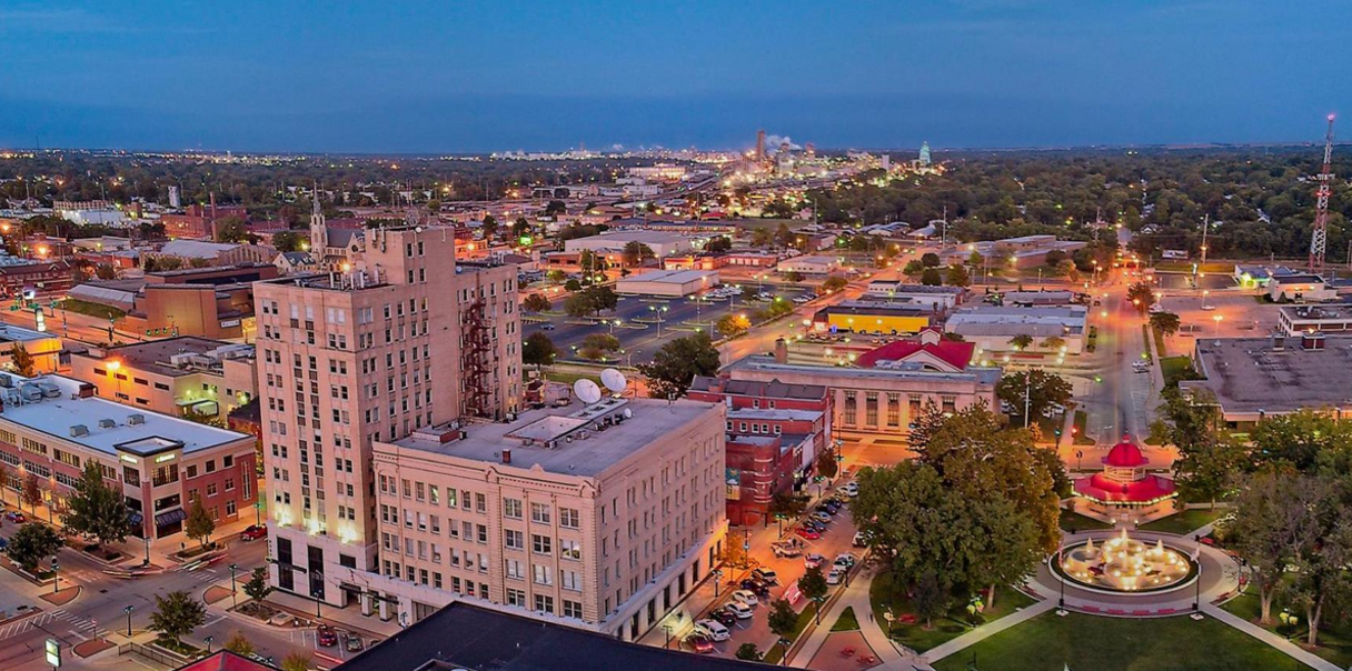 Downtown Decatur, Illinois skyline at dusk