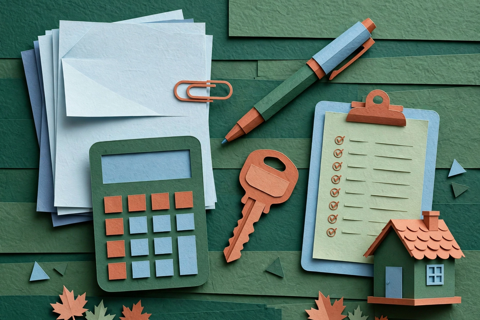 Paper-cut illustration of real estate documents, a house key, and calculator
