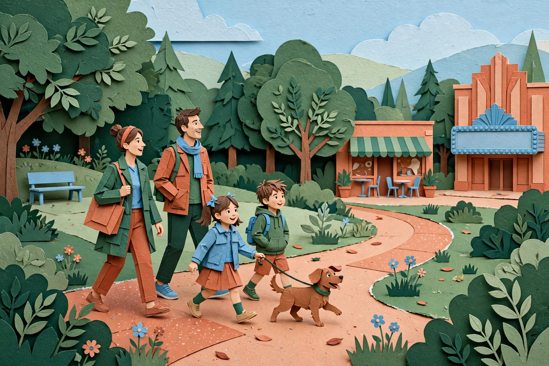Paper-cut illustration of a family and dog enjoying a park outing during a home showing