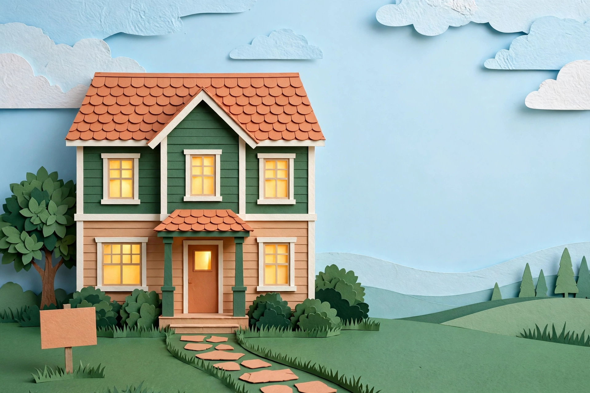 Paper-cut illustration of a bright, tidy home prepared for listing photos